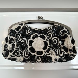 Beaded black and white WHITE HOUSE BLACK MARKET clutch with removable strap